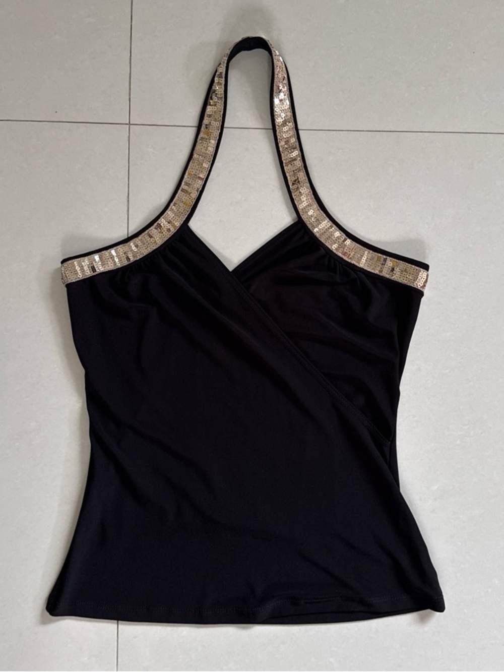 Vintage Papaya Black Halter Camisole with Gold Sequin Trim